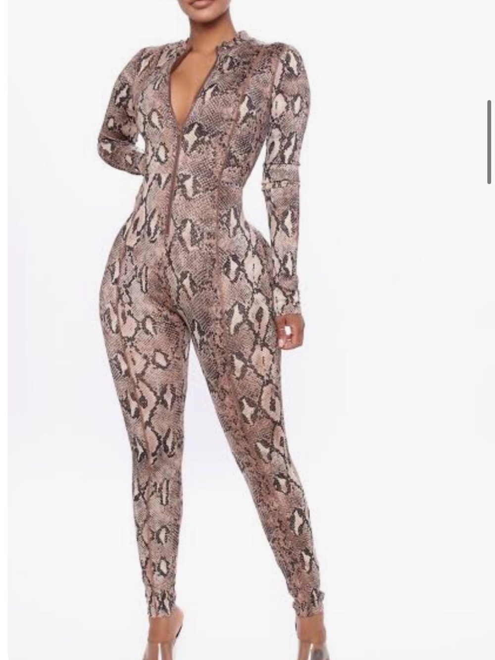 Snake Print Long-Sleeve Jumpsuit - Brown
